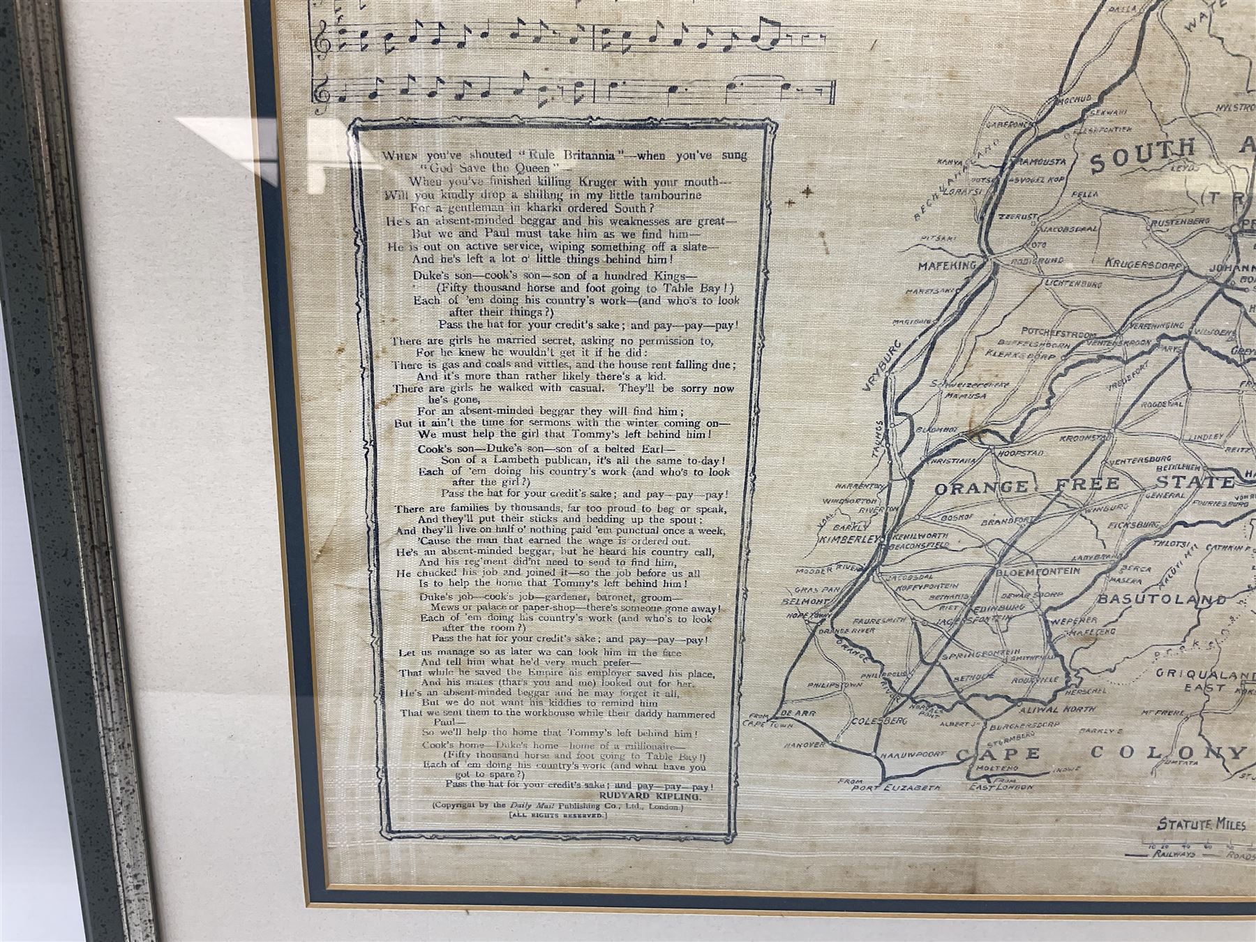 Boer War cotton handkerchief printed with portraits of Lord Roberts and Queen Victoria with a map of Southern Africa and Kipling's The Absent Minded Beggar, framed, handkerchief 44.5 x 43cm