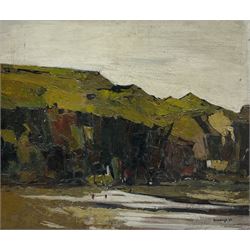 Attrib. Peter Barraclough (Northern British 1939-): Dark Cliffs, oil on board signed and dated '68, 58cm x 68cm
Notes: Barraclough born in Cleckheaton Yorkshire, studied painting & lithography at Dewsbury & Batley College of Art. Then went on to obtain an Art Teachers Diploma at Liverpool College of Art. After several teaching posts he emigrated to Tasmania in 1969 following further teaching posts he became a full time artist in 1985