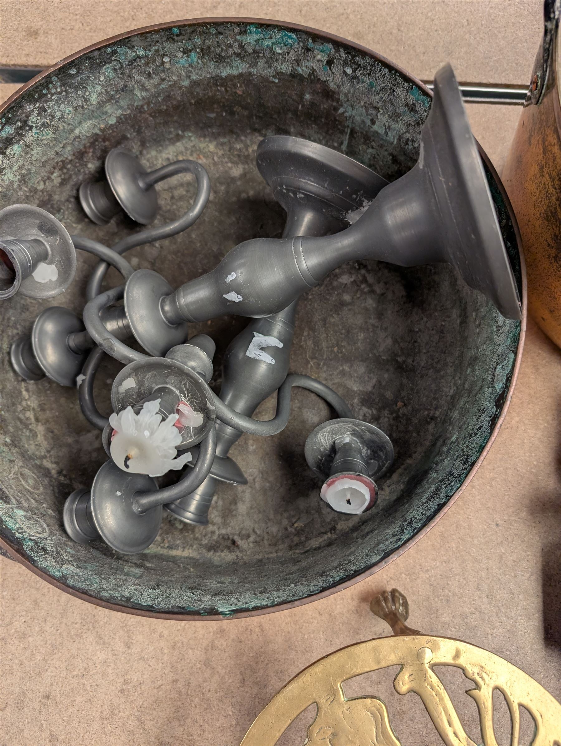 Large copper pan, brass jam pan, balance scales and weights, typewriter, leather suitcase and other metal ware