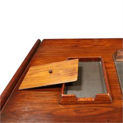 Dyrlund - Santos rosewood office suite, comprising an executive desk and cream leather upholstered swivel chair, the desk with a broad rectangular top with rounded corners, leather writing surface, pen compartments and letter tray, three lockable frieze drawers with fitted interiors above a central kneehole flanked by floating drawer pedestals, the left housing a filing drawer and the right three compartmented drawers, with a full width modesty panel to the reverse, chair raised on a castor base, H 116cm, W 62cm, D 74cm