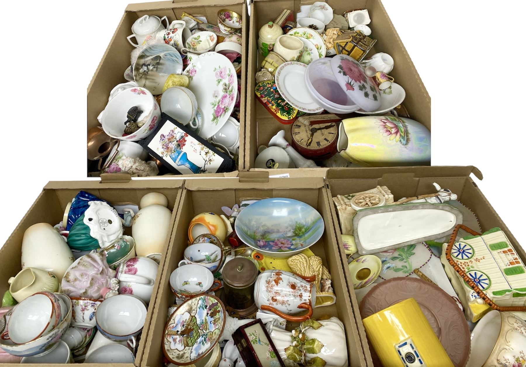 Royal Worcester tea cup and saucer, Royal Doulton Christmas Day 2001 figure and a collection of other ceramics, glassware and collectables, in five boxes 