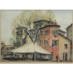 Continental School (Mid 20th century): Market Place with Tented Tree, pen and watercolour unsigned 27cm x 37cm