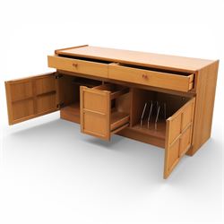 Nathan - 'Squares' low media sideboard, rectangular top over two drawers, above signature square panelled cabinet doors revealing storage for records, on a recessed base