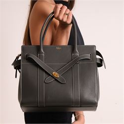 Mulberry - Zipped Bayswater handbag in grey calf leather, with contrasting white stitching...