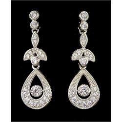 Pair of silver cubic zirconia openwork pendant earrings, stamped 925