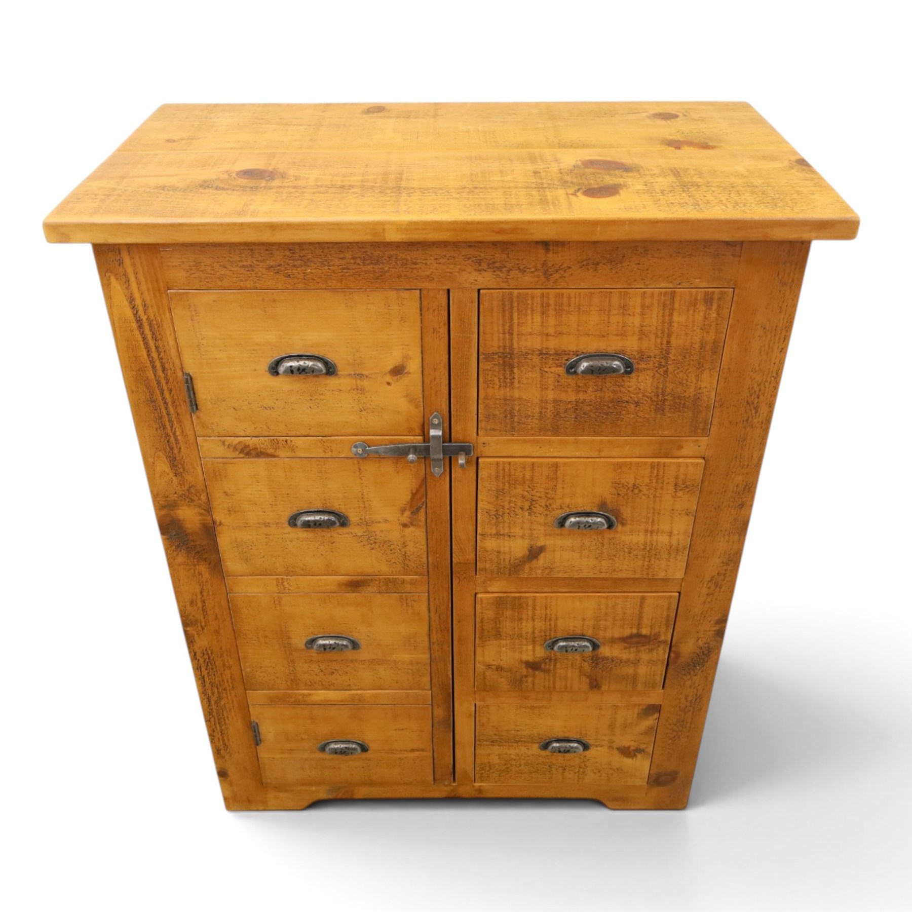 Indigo Furniture - large rustic oak cupboard with faux-drawer fronted cupboard, rectangular top above a cupboard door to the left with latch, a bank of four drawers to the right, metal cup handles raised on shaped supports