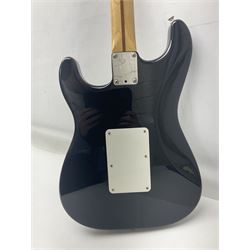 Mexican Fender Stratocaster electric guitar in black c2003 with Floyd Rose tremolo system, serial no.MZ3129600; L98cm; in Freestyle fitted case with 2006 Diamond Anniversary booklet