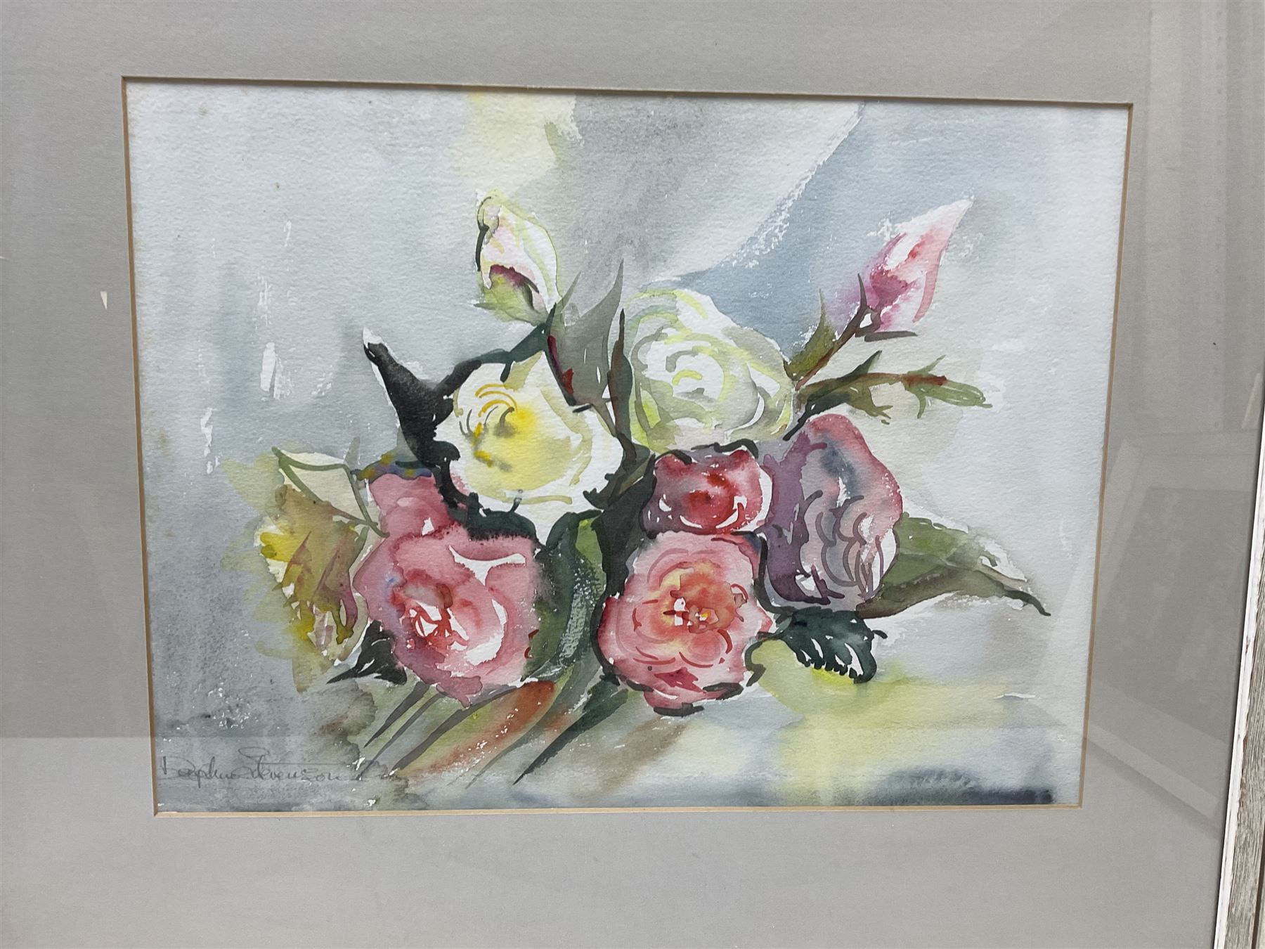 Chloe Hilary Gear (British Contemporary): 'Poppy - Oriental', artist's proof coloured etching with aquatint signed and titled in pencil 30cm x 23cm with full margins; Daphne Stevenson (British Contemporary): Roses, watercolour signed, titled verso with artist's Richmond address 30cm x 40cm