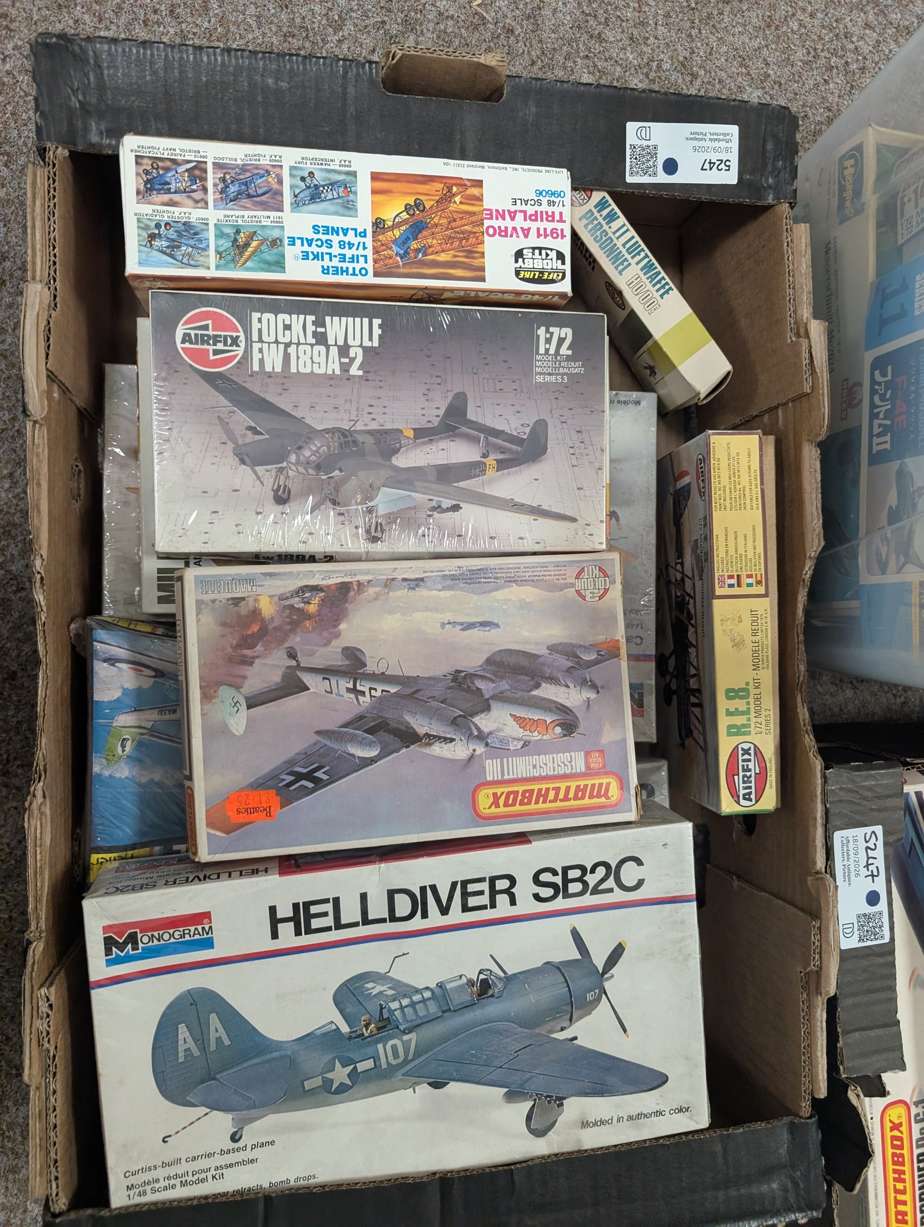 Collection of aeroplane model kits in three boxes, including Revell, Monogram, Airfix, etc