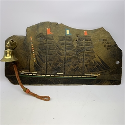 A painting on slate of the four masted barque 'Rosshire', mounted with a brass bell, L92cm. 