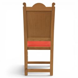 Mouseman - oak armchair high back with fleur de lis motif, red leather padded seat with brass studded trim, with carved mouse signature, by the workshop of Robert Thompson of Kilburn