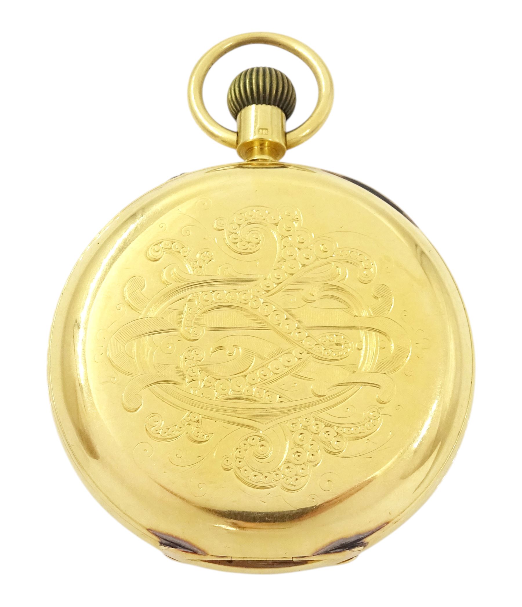 Edwardian 18ct gold half hunter keyless lever presentation pocket watch by Manoah Rhodes & Sons, Bradford, No. 16317, white enamel dial with Arabic hour markers and subsidiary seconds dial, back case monogrammed with initials, markers mark JG, London 1907, in original silk and velvet lined case
