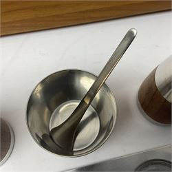 Danish collectables, to include teak tray by Nissen Denmark, ladybird pattern biscuit barrel by Laurids Lonborg and a Stelton stainless steel and wooden cruet set, together with a mid century floral tile trivet