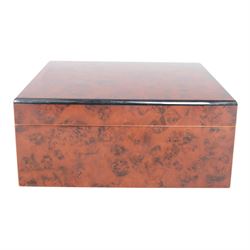 Birdseye maple humidor, together with watch organiser, the hinged lid opening to ten cushioned sections, with draw beneath  