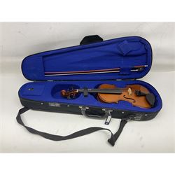 Three Stentor Student violins - three-quarter size with 33cm two-piece back; and two quarter size each with 28cm two-piece back; each in carrying case with bow (3)