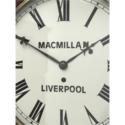  Victorian mahogany circular drop dial wall clock, Roman enamel dial signed 'MacMillan, Liverpool', eight day movement, with floral and scroll carved brackets, single fusee movement, H51cm, with pendulum   