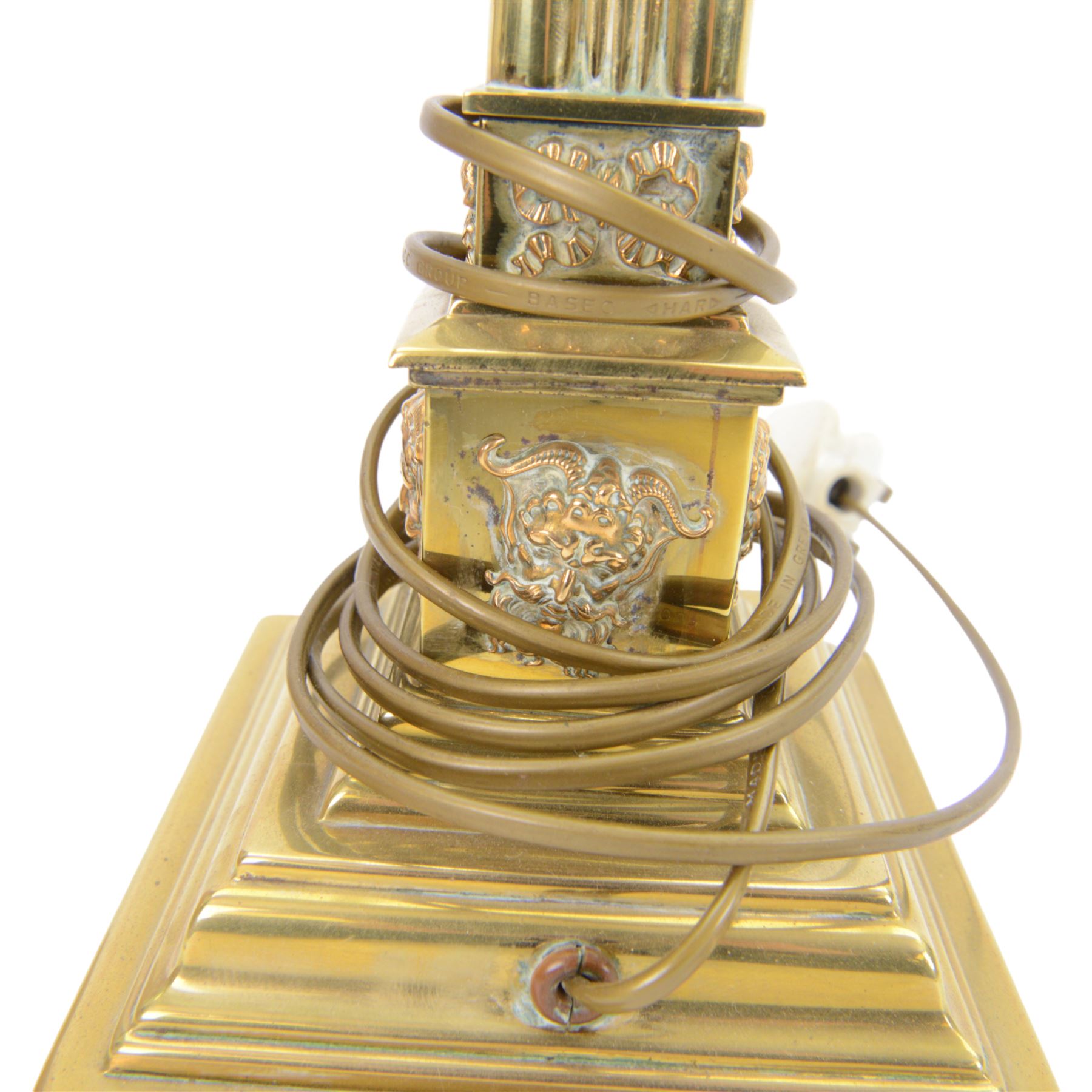 Brass and wood desk stand with inkwell and pen stand, together with silver collared inkwell, hallmark, brass table lamp in the form of a reeded column on stepped square base and 19th century rosewood tea caddy, etc lamp H45cm