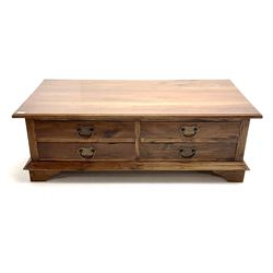 Hardwood eight drawer coffee table, moulded top and bracket supports 