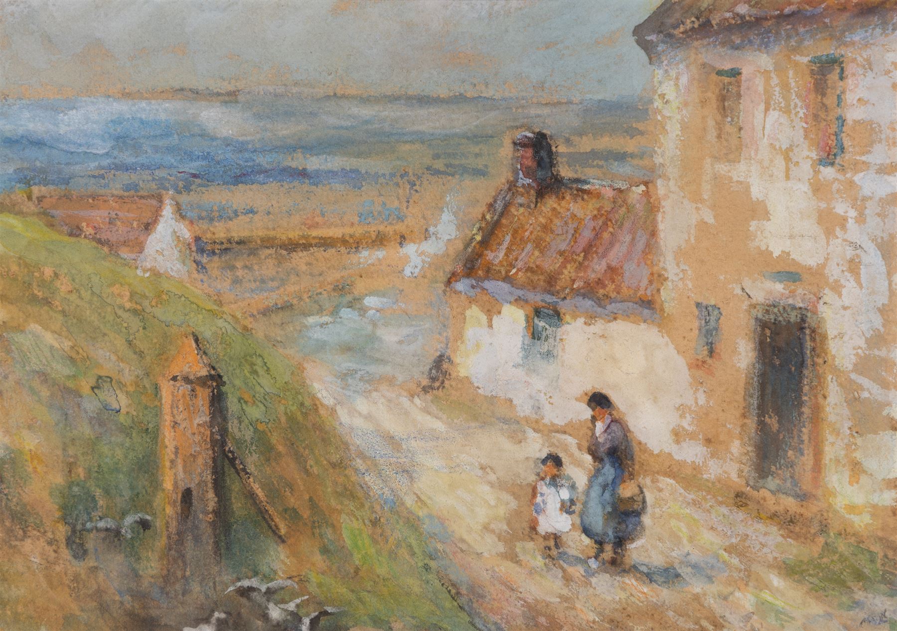 Scottish School (Early 20th Century): Mother and Child in a Rural Village, mixed media faintly signed MB?, 17cm x 25cm