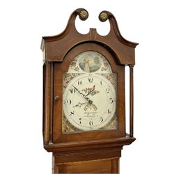 Robert Kneeshaw of Stokesley - 19th century 30 hour mahogany cased longcase clock c1820. with a swans necked pediment and brass paterie, break arch hood door with plain pilasters, inlaid trunk with canted corners, inlay and a wavy topped door, on a rectangular plinth with a shaped base, painted dial with floral spandrels and a depiction of a lady walking in the countryside, with Arabic numerals, non-matching steel hands, calendar aperture and an image of a bird of paradise to the centre, chain driven countwheel striking movement, with weight and pendulum.  