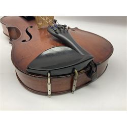 German violin c1890 with 36cm two-piece maple back and ribs and spruce top; bears label 'Antonius Stradivarius Cremona Faciebat Anno 1729' L59.5cm overall; in ebonised wooden 'coffin' case; and two German violins c1890 for completion - one bearing a Stradivarius label, the other a Ruggeri label; both in carrying cases (3)