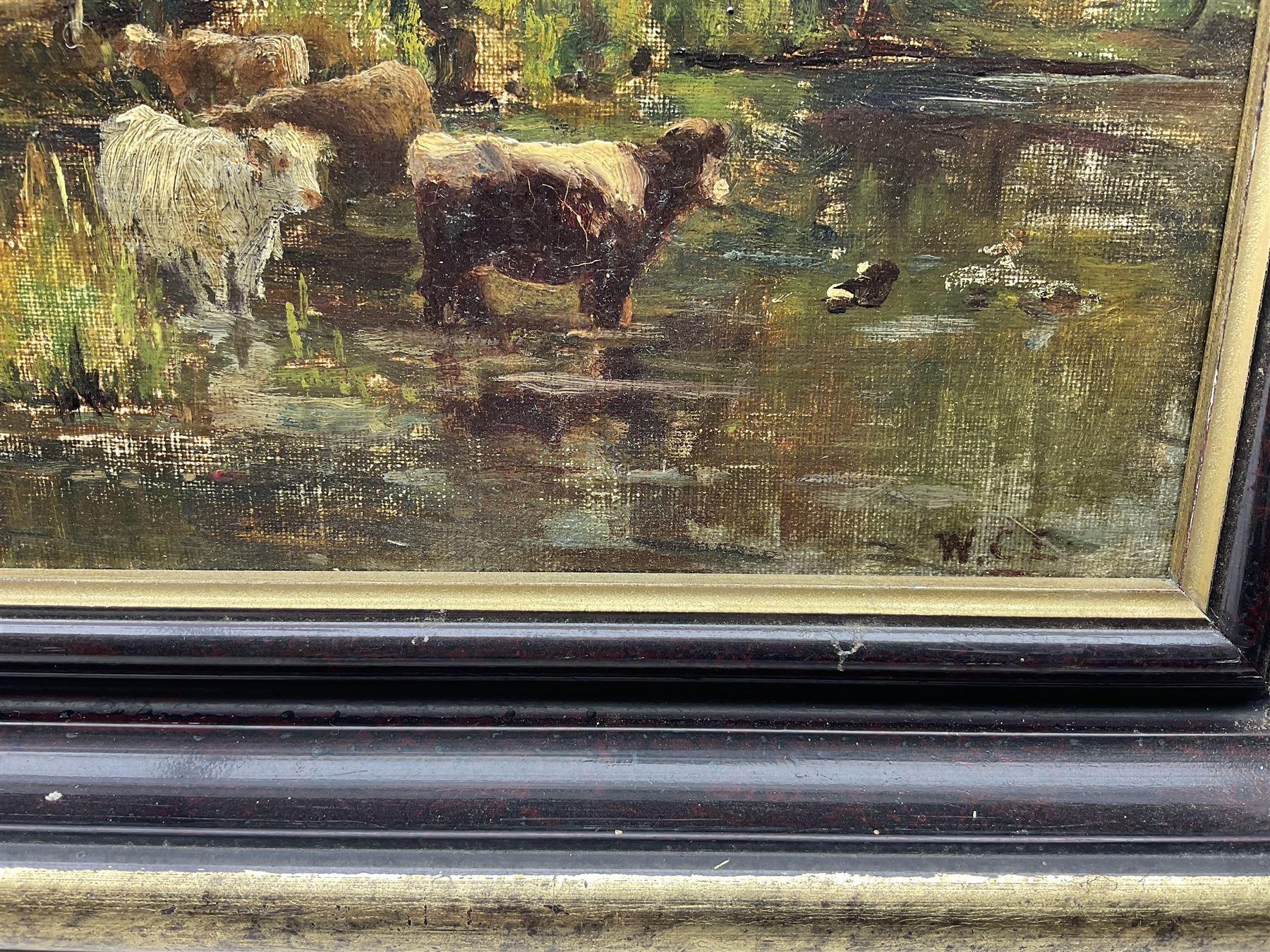 William Charles Estall (British 1857-1897): Cattle and River Landscape, oil on board signed with initials  25cm x 33cm 