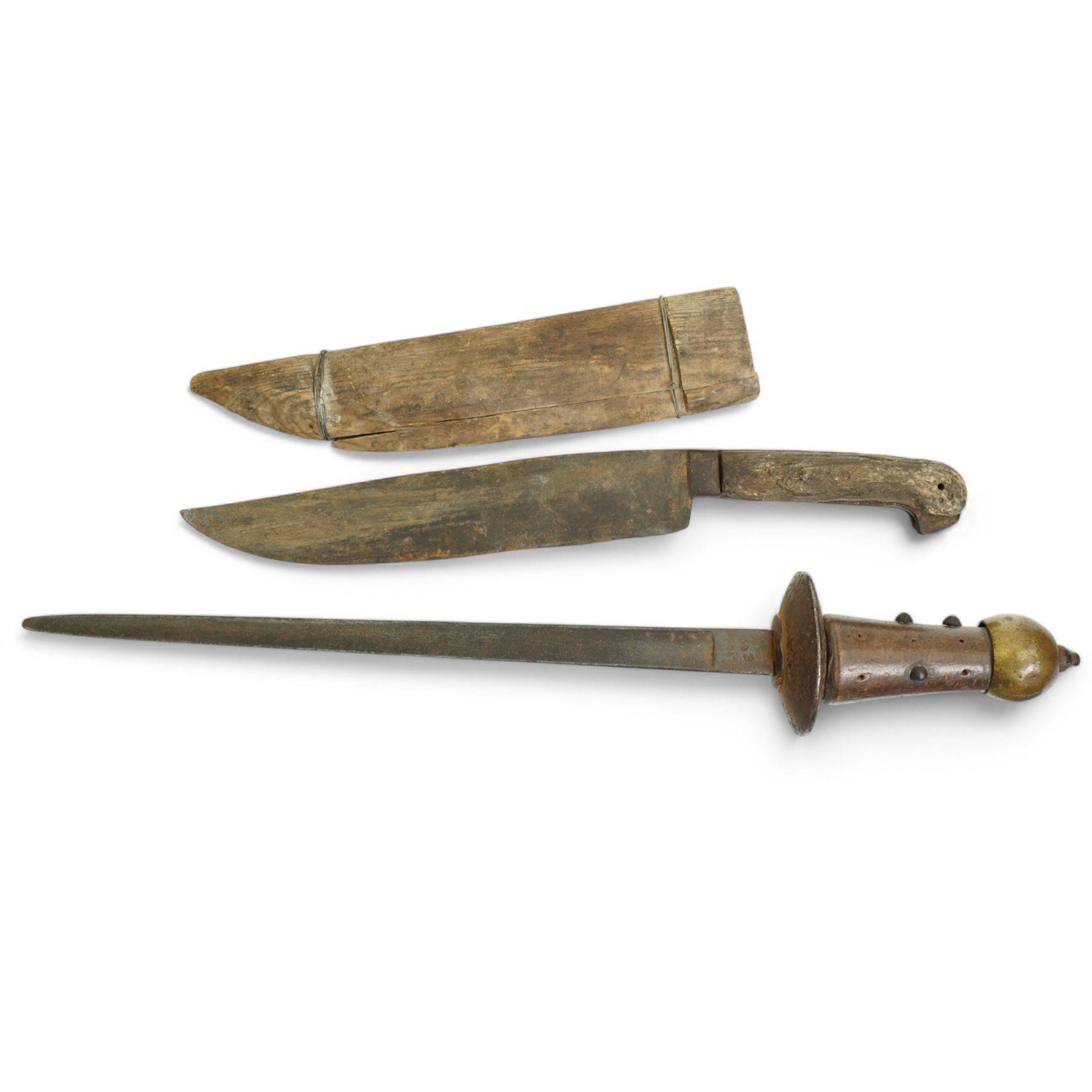 Eastern Ottoman axe with decorated double blade and wooden haft L72cm, dagger with rounded pommell, 19th century sheath knife and an Aboriginal shield decorated with kangaroo etc