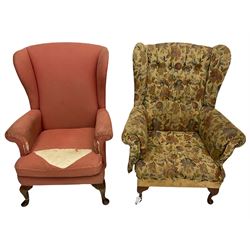 Two mid to late 20th century wing back armchairs, hardwood framed with cabriole front feet