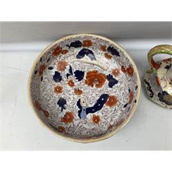 19th century ironstone wash jug and bowl set decorated in the Imari palette, together with two further smaller ironstone jugs similarly decorated, bowl D35cm