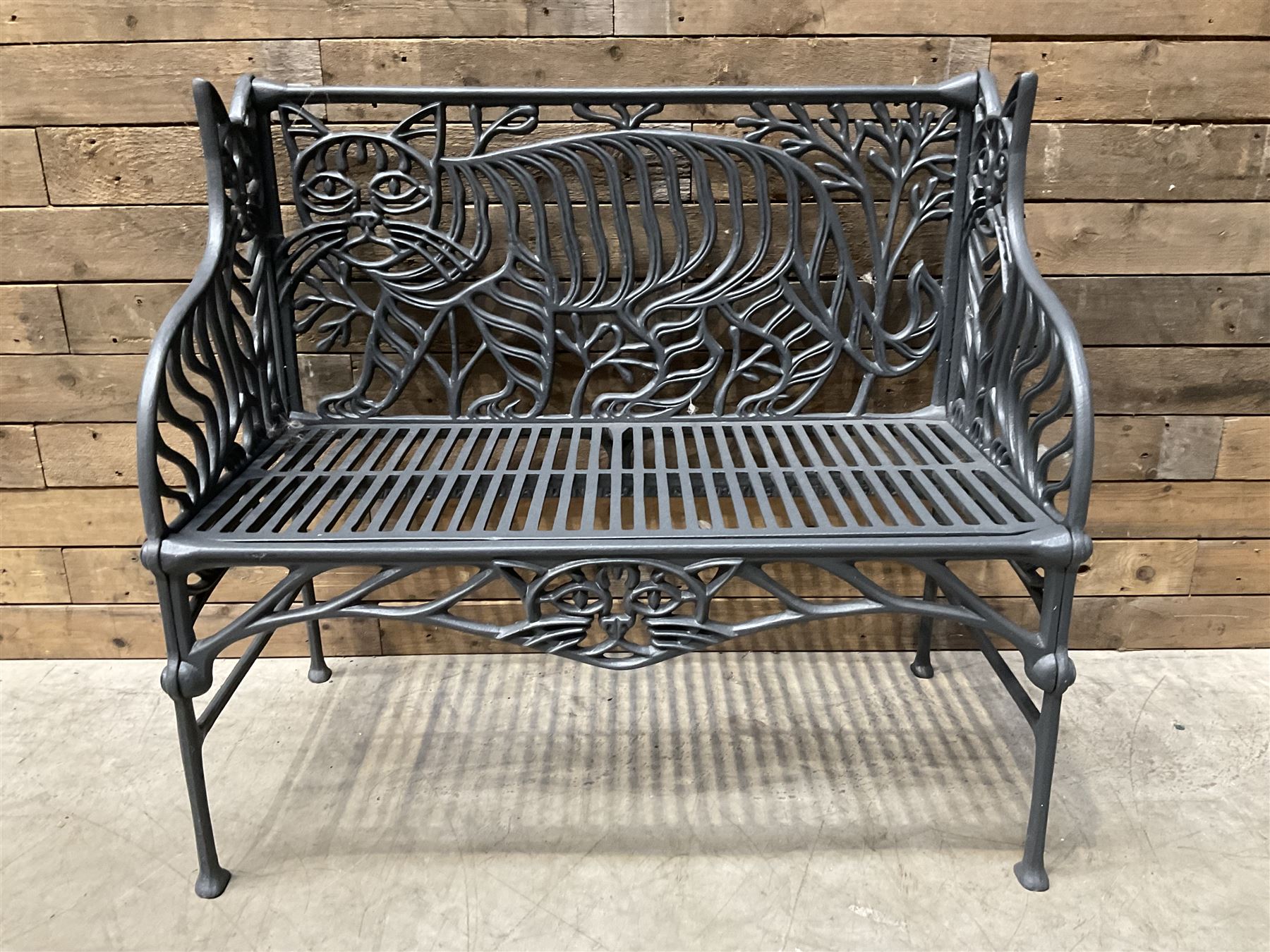 Richard Bawden (1936-2024); - Cat design painted cast iron garden bench