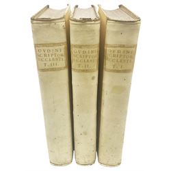 Casimiri Oudini Commentarius De Scriptoribus Ecclesiae Antiquis .... Multis Dissertationibus .... 1722 Lipsiae Georg. Weidmanni. Three volumes. Full vellum binding (3)