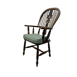Late 19th century Yorkshire Windsor armchair, high stick back with pierced and fretwork splat, turned supports joined by H-stretcher