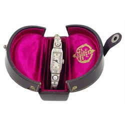 Eszeha Art Deco platinum milgrain set diamond manual wind lever wristwatch, stamped PT 950, No. 91982, the two largest diamonds of approx 0.22 carat each, on rope bracelet with 14ct white gold clasp stamped 585, retailed by Gebr.Somme Nachf Hof-Juweliere Sr. Maj.d Kaisers Breslau in original box (ESZEHA is the German name for Karl Scheufele the great grandfather and founder of Chopard in 1904 in Germany)