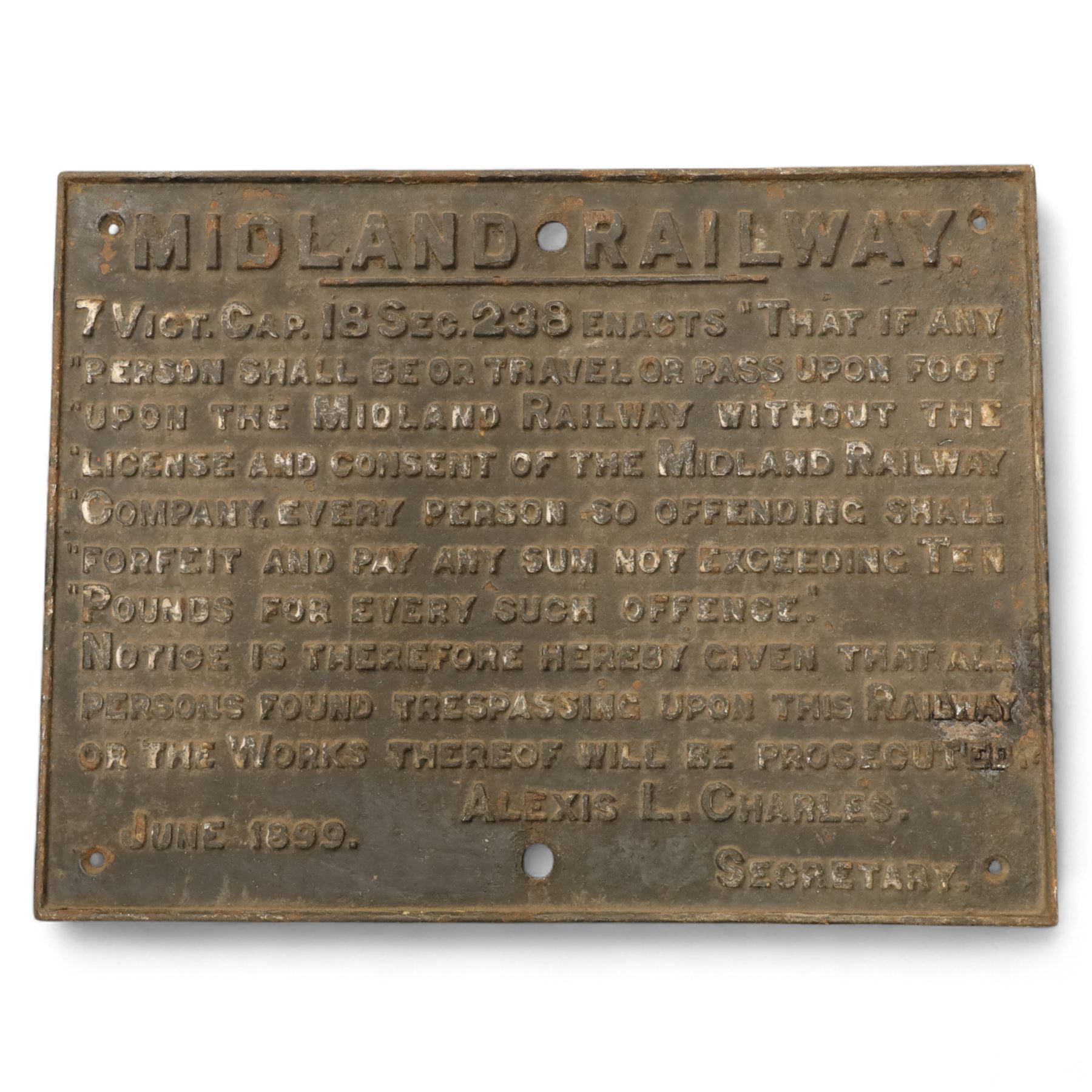 Late Victorian cast iron Midland Railway trespassing sign, dated June 1899, H51cm, W68cm