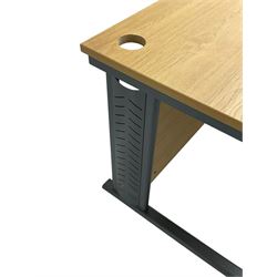 Light oak finish right hand desk on silver finish supports (W160cm, H73cm, D120cm), light oak finish right hand desk on grey finish supports with upright wire compartments (W160cm, H74cm, D120cm), and a light beech finish right hand desk on grey finish supports (W160cm, H72cm, D120cm), and two office screens upholstered in blue fabric (5)