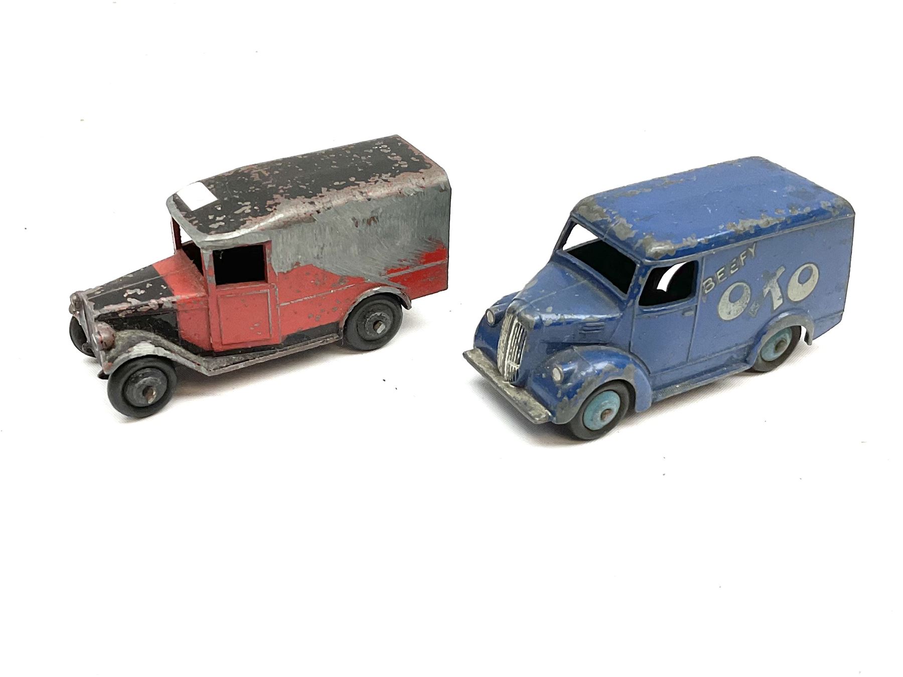 Dinky - six unboxed and playworn early die-cast commercial vehicles including French made Studebaker M16 covered wagon, Trojan Oxo van, B.E.V. Truck, Dodge Tipper, Royal Mail Van etc (6)
