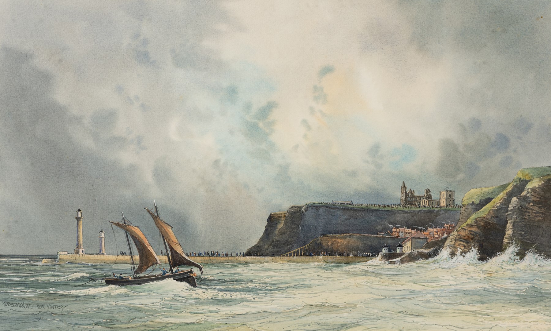 John Freeman (British 1942-): 'Off Whitby', watercolour signed titled and dated '05, 31.5cm x 52.5cm