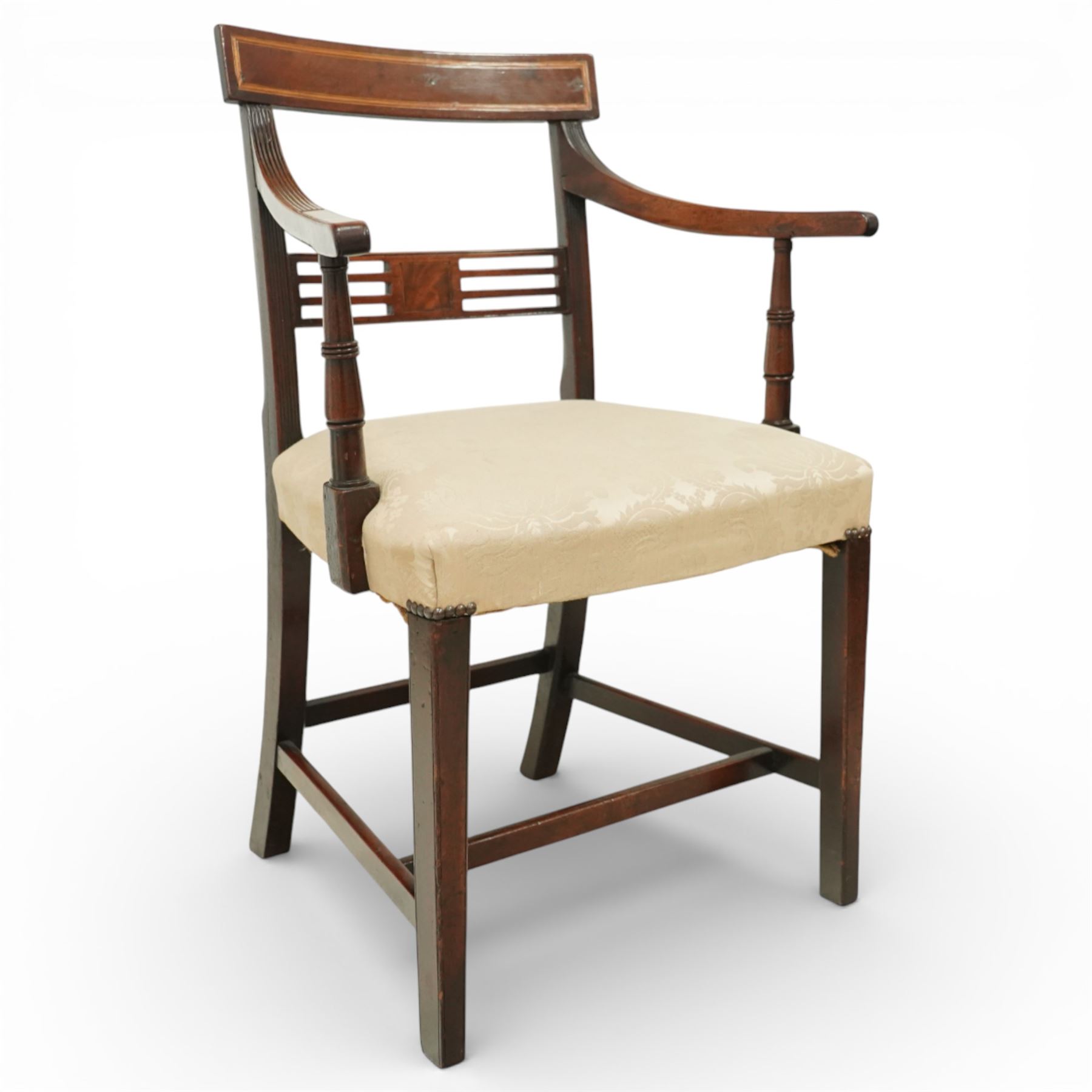Georgian design mahogany dining chairs, a set of six including two carvers and four side chairs, each with rectangular moulded crest rail above a horizontal splat with central inlaid panel, upholstered seats, raised on square section supports united by stretchers