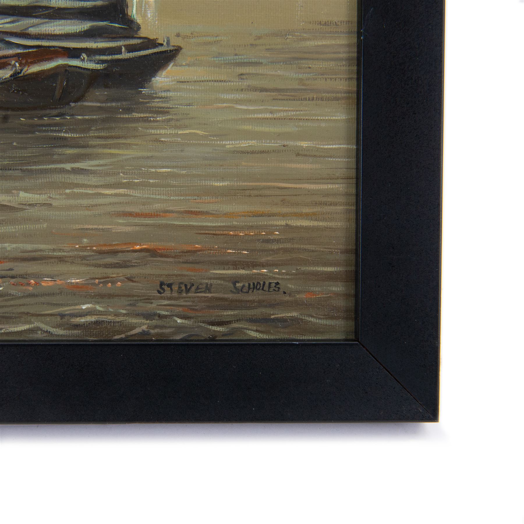 Steven Scholes (Northern British 1952-): 'Hay's Wharf - River Thames - London 1962', oil on canvas signed, titled verso 29cm x 39cm