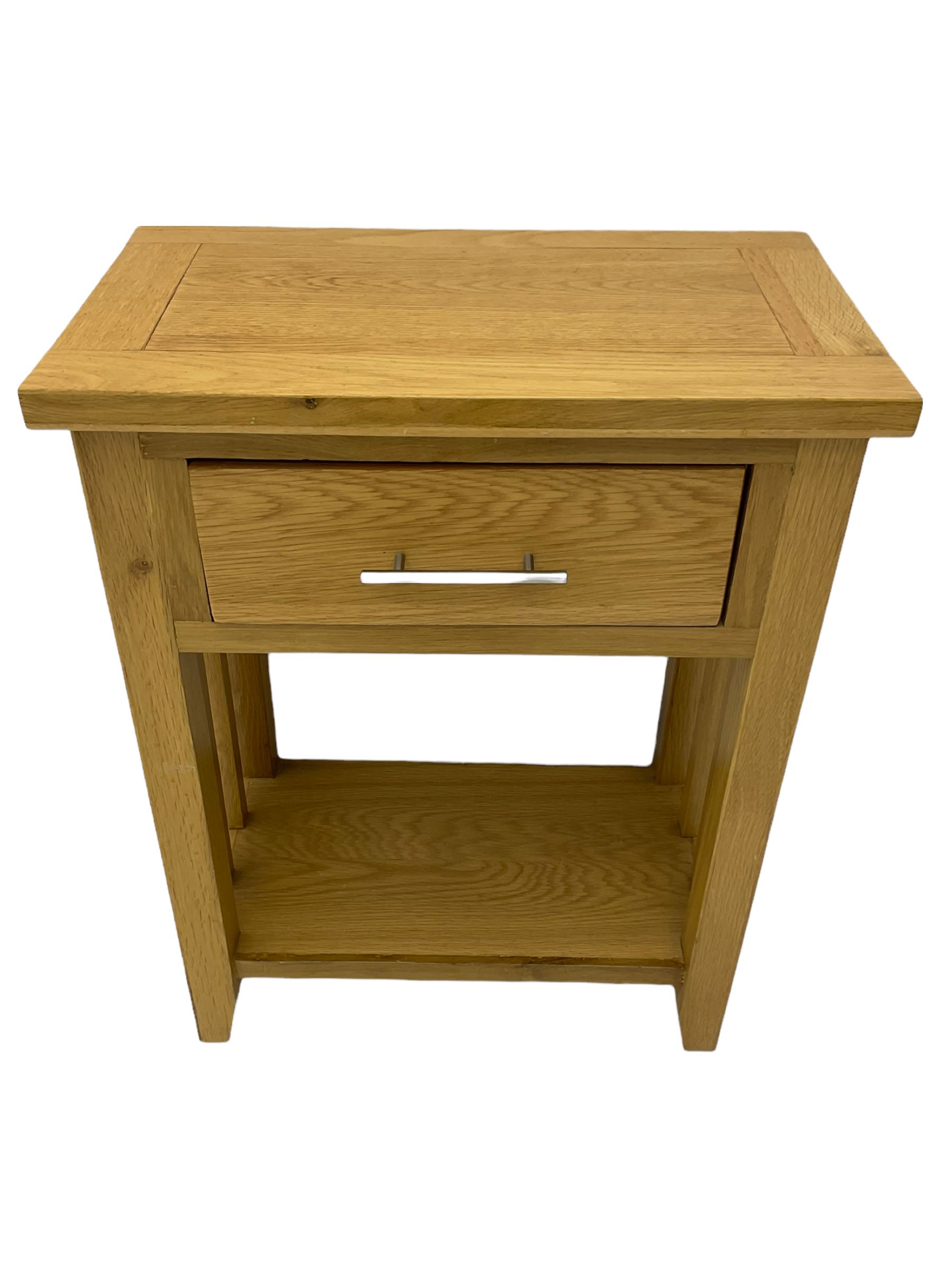 Light oak side table, single drawer with undertier, and rectangular