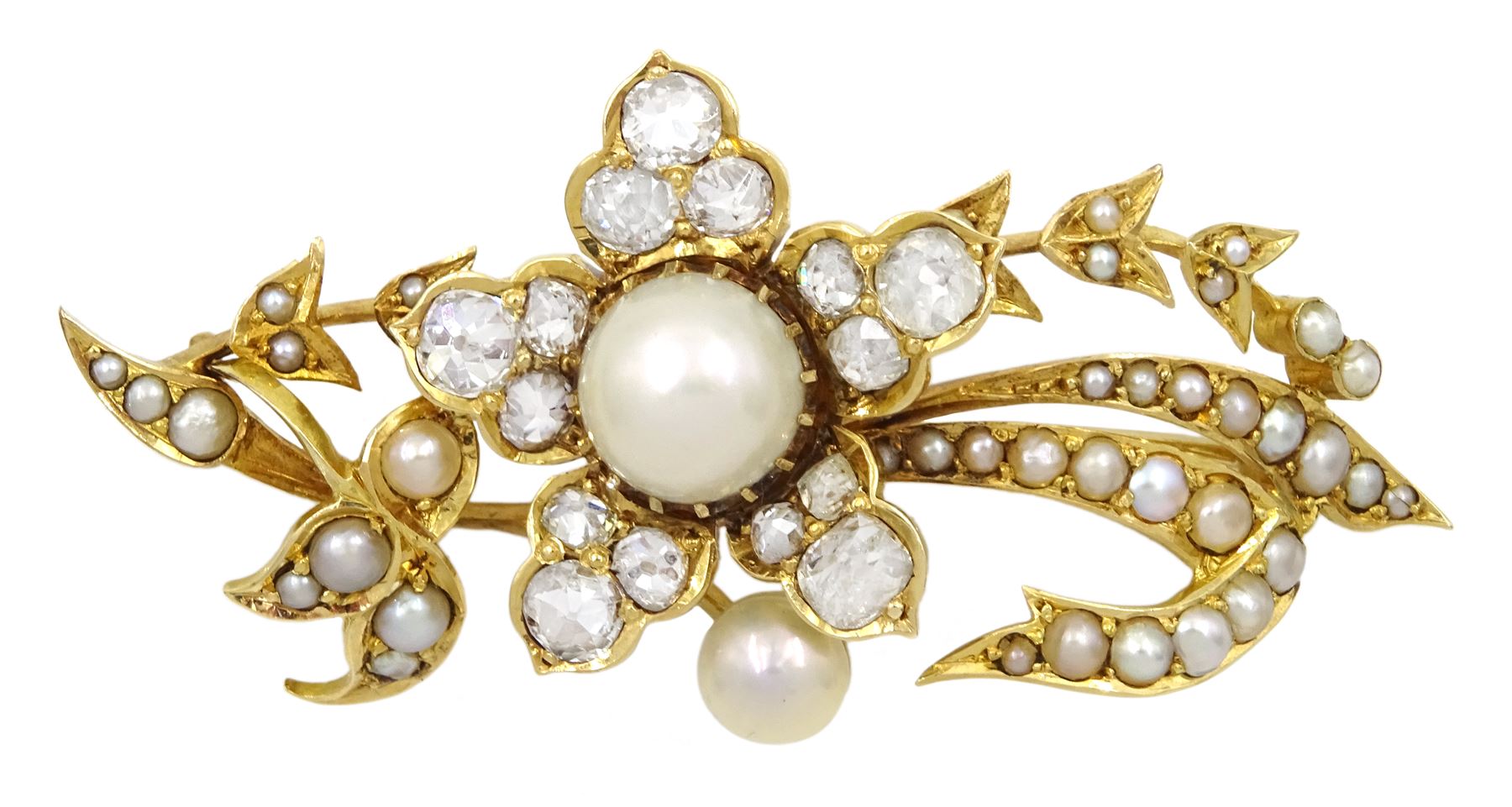 Early 20th century 18ct gold pearl and old cut diamond flower brooch, stamped 18.c, total diamond wight approx 2.60 carat