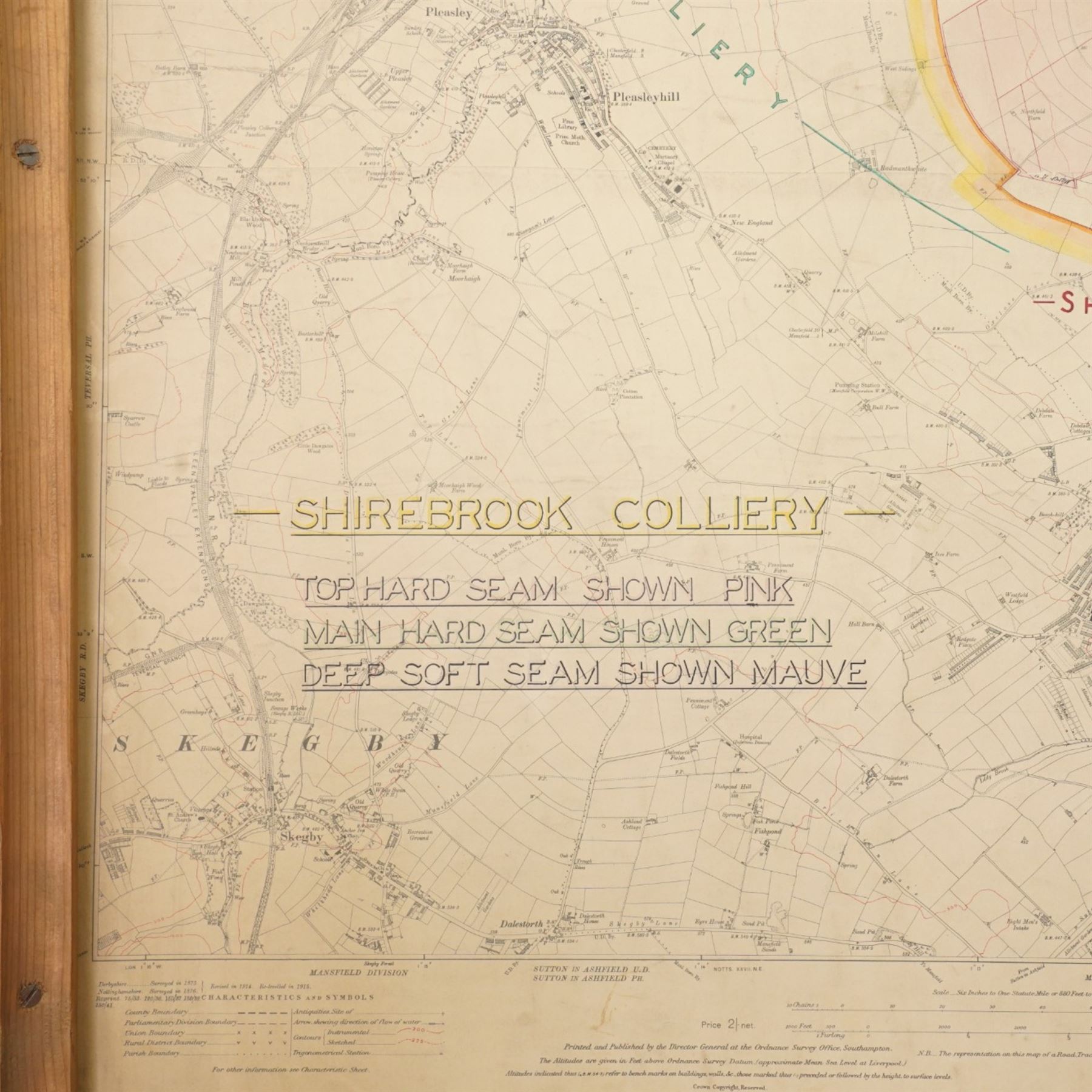 Ordnance Survey: Shirebrook Colliery, mid 20th century large-scale lithographic survey map with hand-coloured mine workings and seam boundaries, mounted on wooden rollers