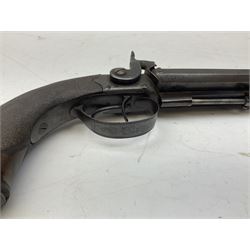 Early 19c percussion double barrel Howdah pistol by J. Blisset London, c1840s, approximately 50 calibre, 10.5cm octagonal monobloc barrels with captive swivel ramrod under, finely chequered walnut stock, engraved hammers, lock plates, tang and trigger guard, butt plate with hinged cap compartment, vacant white metal oval escutcheon L25.5cm overall