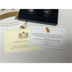 Queen Elizabeth II Channel Islands silver proof fifty pence coins, comprising 2019 'Guernsey and Jersey 50th Anniversary' coin pair, 2020 'The Channel Islands Liberation' coin pair and Bailiwick of Jersey 2022 'HMS Victory', all cased with certificate