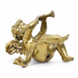 Brass and marble bookends with reclining putti figures, together with a brass figure of a cherub, bookends H8cm 