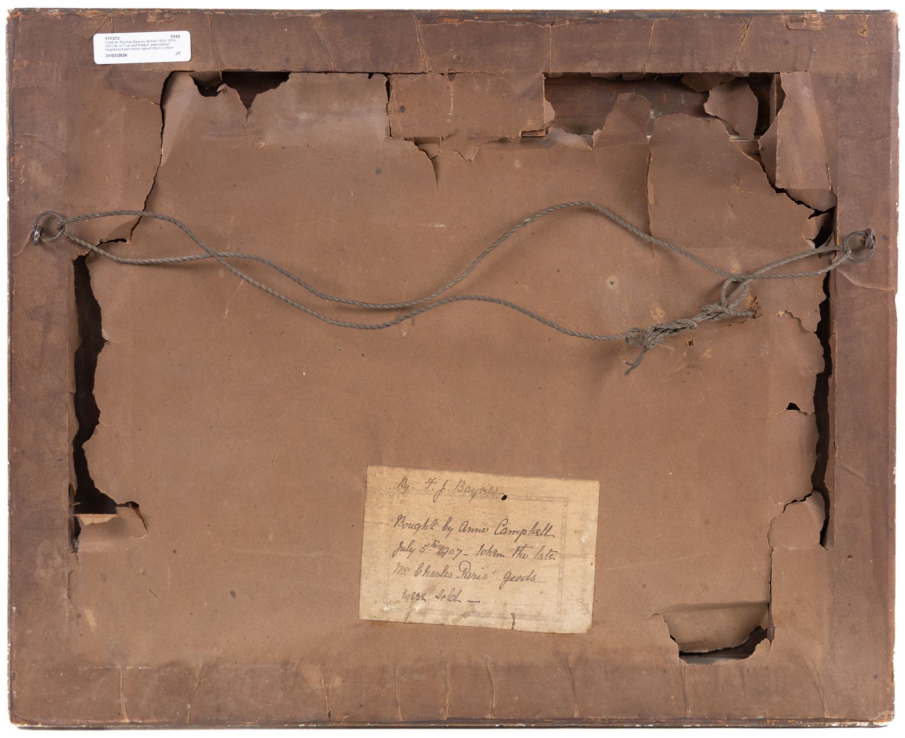 Fredrick Thomas Baynes (British 1824-1874): Still Life of Fruit and Basket, watercolour heightened with white signed 25cm x 34cm 
