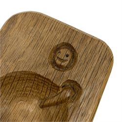 Woodwormman - oak ash tray, canted rectangular form carved with woodworm signature, by Nigel Dixon, Topcliffe, Thirsk