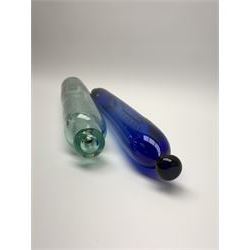 19th century Bristol blue glass rolling pin, with printed and gilt decoration of a schooner, crossed union flags, and inscription 'I wish you well', L36cm, together with another 19th century green glass example, L39cm
