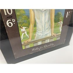 Wills Gold Flake Cigarettes advertising board, framed depicting a lady at the tennis, advert H51cm, L38cm