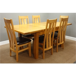  Light oak extending dining table with two leaves (H77cm, 92cm x 132cm - 200cm), and set six light oak high back dining chairs with upholstered seats  